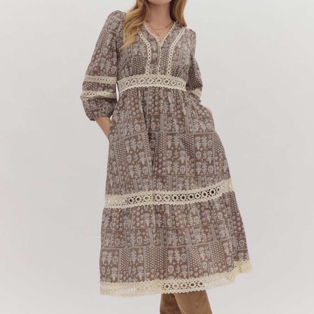 Entro NWT Elegant Brown Crochet Lace Trim Midi Dress Medium